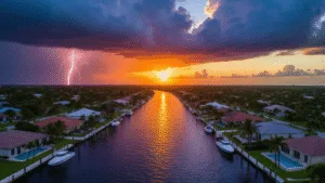 Cape Coral's August: Your Ultimate Survival & Enjoyment Guide! "Aerial view of Cape Coral's canal system at sunset with storm clouds looming, waterfront homes, docked boats, palm trees, and distant lightning, reflecting both urban and natural elements."