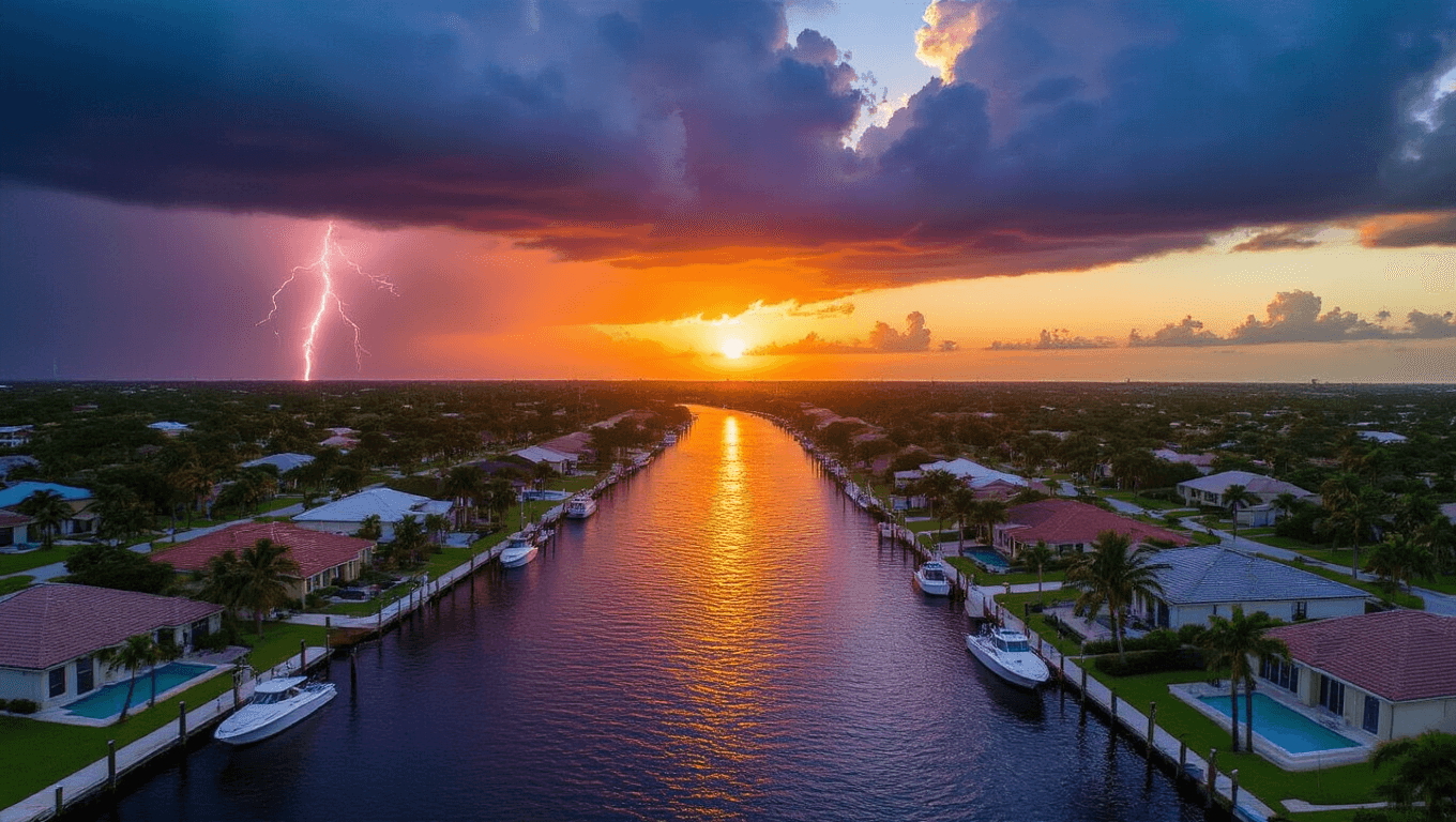 "Aerial view of Cape Coral's canal system at sunset with storm clouds looming, waterfront homes, docked boats, palm trees, and distant lightning, reflecting both urban and natural elements."
