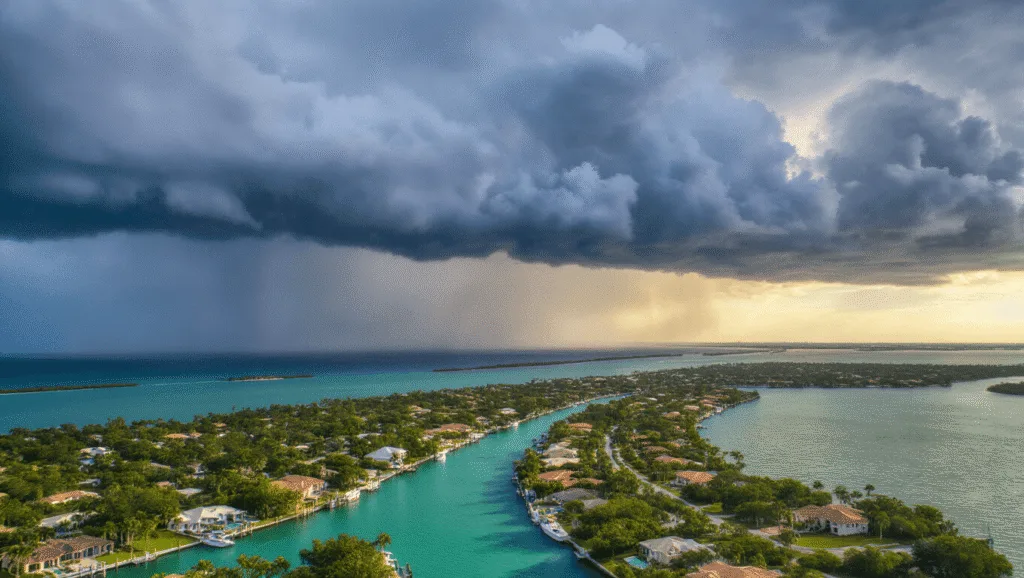 Sweating or Swimming? The Unfiltered Truth About Cape Coral in September "Aerial view of Cape Coral waterfront with storm clouds, sun piercing through clouds onto turquoise waters, mangroves, luxury homes, boats, and approaching rain over the Gulf of Mexico, illustrating Florida's moody, tropical September weather."