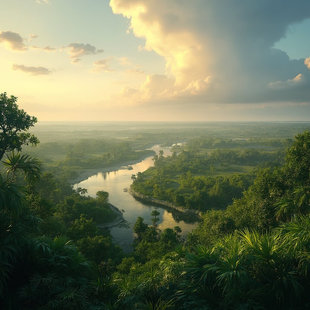 Cape Coral in June: Your Ultimate Subtropical Paradise (With a Few Tropical Twists!) Hyper-realistic image of Cape Coral's lush greenery and canal network under golden sunlight with thunderclouds on the horizon, captured in photorealistic detail