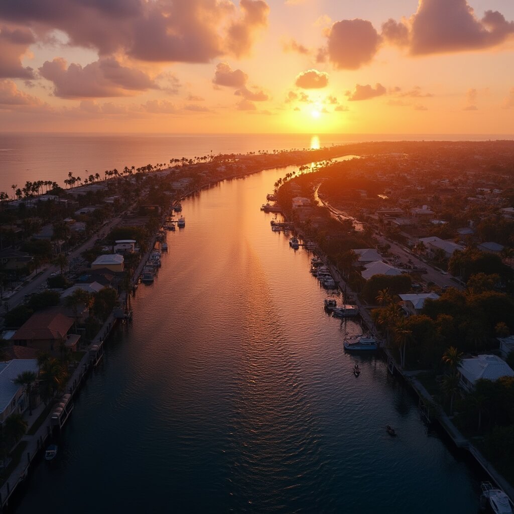 Why Cape Coral in May Will Blow Your Mind: The Ultimate Sunshine Escape Aerial view of Cape Coral's waterfront at sunset with canals, palm trees, waterfront homes, dolphins, boats and beautiful sky transitioning from orange to purple