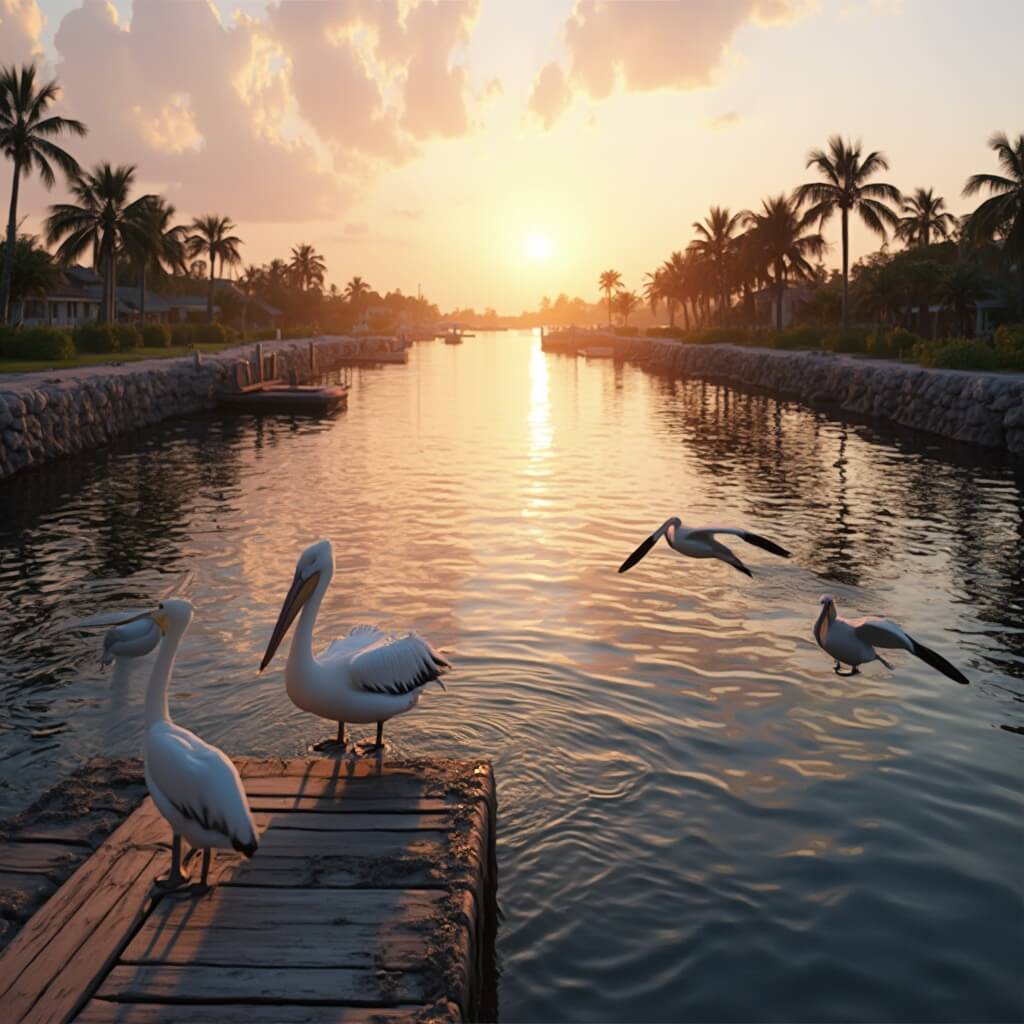 Cape Coral: Your Ultimate October Escape in Southwest Florida Sundown in Cape Coral with pelicans diving into calm water, boat dock extending into peaceful canal, orange-pink sky reflected in water, tropical vegetation on shoreline, and gentle water ripples under warm light.