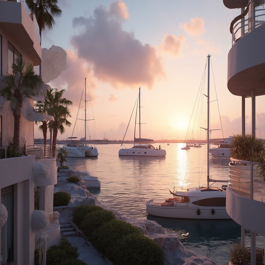 Cape Coral's August: Your Ultimate Survival & Enjoyment Guide! Cinematic view of Cape Coral waterfront hotel at sunset, featuring pastel-colored reflection on calm waters, sailboats, palm trees, and modern hotel balcony