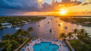 Cape Coral in July: Your Ultimate Sweat-Soaked Summer Adventure Guide "Aerial view of Cape Coral's intricate canal system at sunset with boats, palm trees, beachgoers at Yacht Club Community Pool, and storm clouds in the distance"