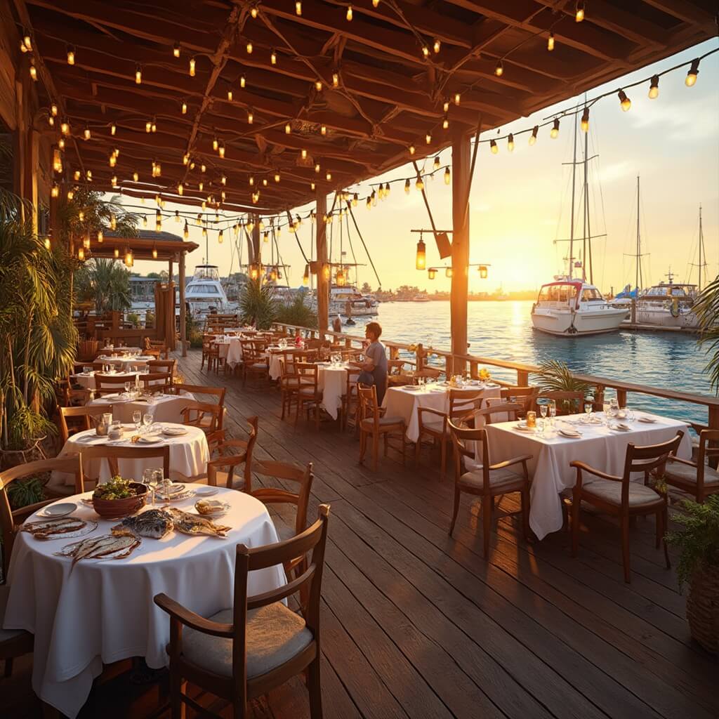 Sun, Sand, and Surprises: Why Cape Coral in April is Your Ultimate Escape Photorealistic image of a sunset-lit waterfront seafood restaurant in Cape Coral with a deck overlooking a marina, tables with white linens, fresh fish on ice, string lights, and bobbing boats.