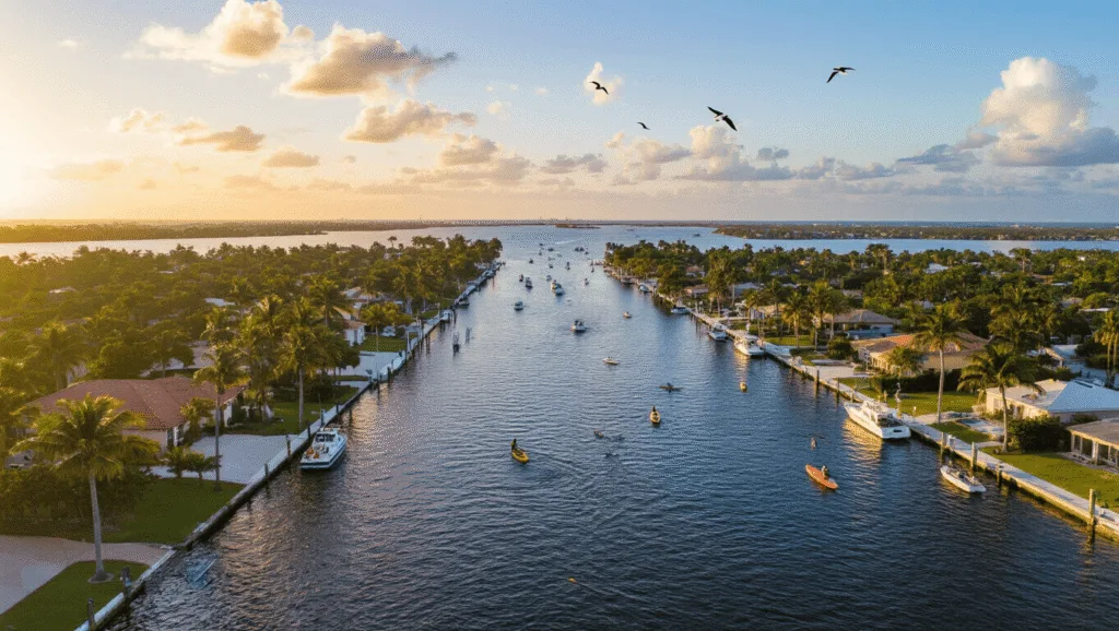 Why Cape Coral in November Will Blow Your Mind: The Ultimate Traveler's Guide "Aerial view of Cape Coral waterfront, showcasing canal system with boats, palm-lined streets, dolphins in the water, beaches meeting the Gulf Coast under a partly cloudy sky, and pelicans in flight, during golden hour in November"