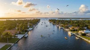 Why Cape Coral in November Will Blow Your Mind: The Ultimate Traveler's Guide "Aerial view of Cape Coral waterfront, showcasing canal system with boats, palm-lined streets, dolphins in the water, beaches meeting the Gulf Coast under a partly cloudy sky, and pelicans in flight, during golden hour in November"