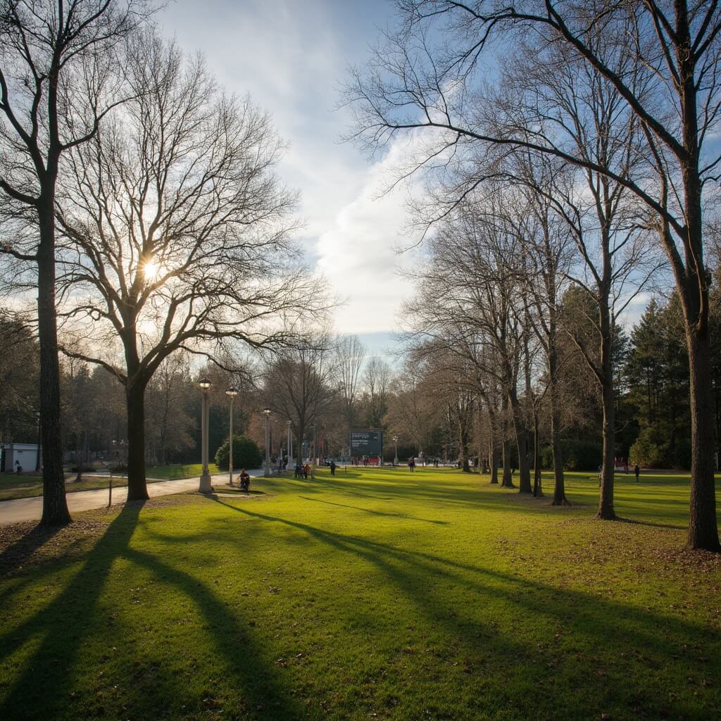 Cascade Park scenery in Tallahassee with golden sunlight through budding trees, people on walking paths, vibrant green grass with winter textures, under clear sky with wispy clouds in early February.