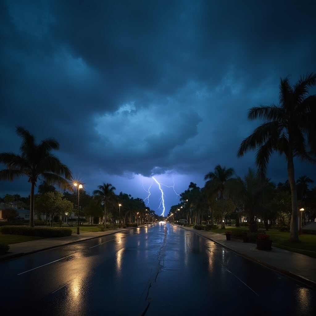 Dramatic thunderstorm with lightning striking over Cascades Park, palm trees swaying amidst heat and humidity, reflected on wet pavement.