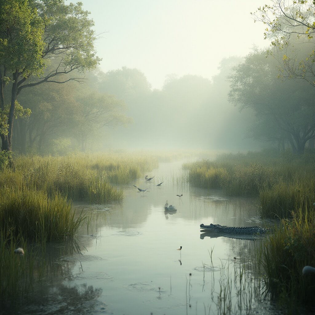 Soft winter morning light over Circle B Bar Reserve with lush greenery, calm water reflections, herons and alligators in natural habitat, and misty atmosphere