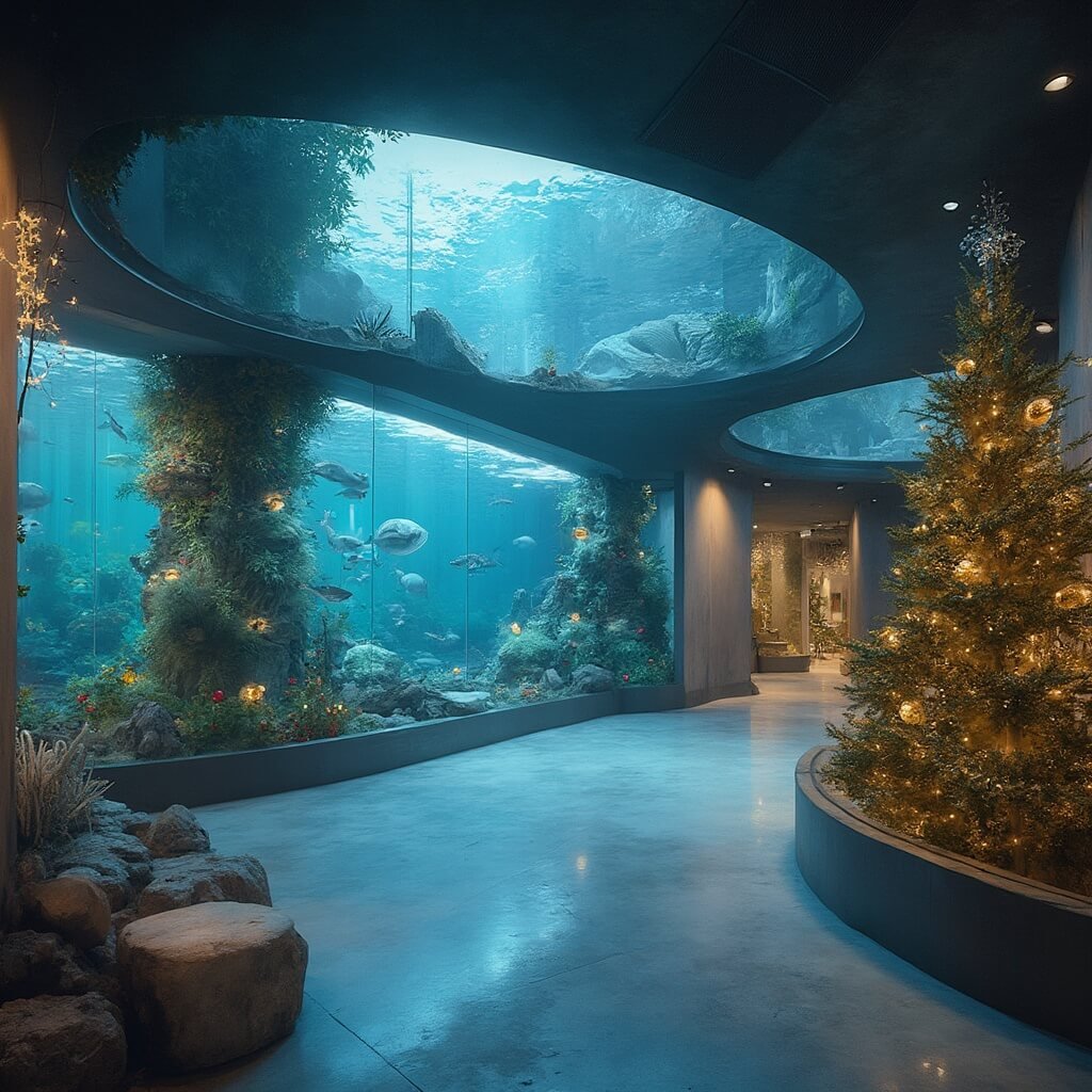 Interior of Clearwater Marine Aquarium with holiday decorations, marine conservation tanks, warm lighting, and marine life visible through glass, embodying a sustainable marine rescue theme