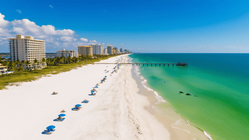 🌞 Your Ultimate Clearwater Beach May Adventure: White Sands, Emerald Waters, and Zero Crowds! "Aerial drone shot of serene Clearwater Beach with sparse beachgoers, palm trees, beachfront resorts, and dolphins near Pier 60 under a cloudless sky."