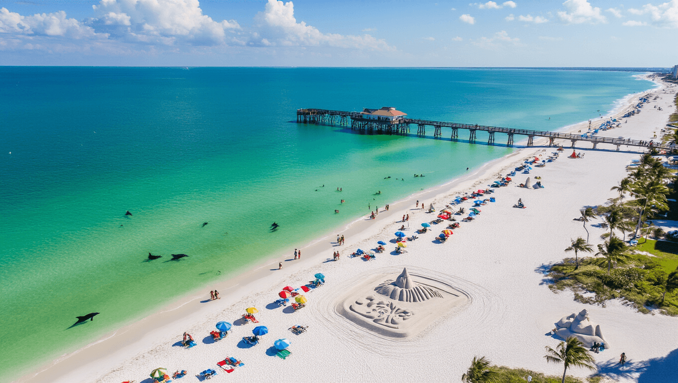 "Aerial view of Clearwater Beach in April, featuring white sandy coastline, turquoise waters, beachgoers, dolphins, Pier 60, sand sculptures, palm trees, beachfront hotels, kayakers, and paddleboarders under clear blue sky."