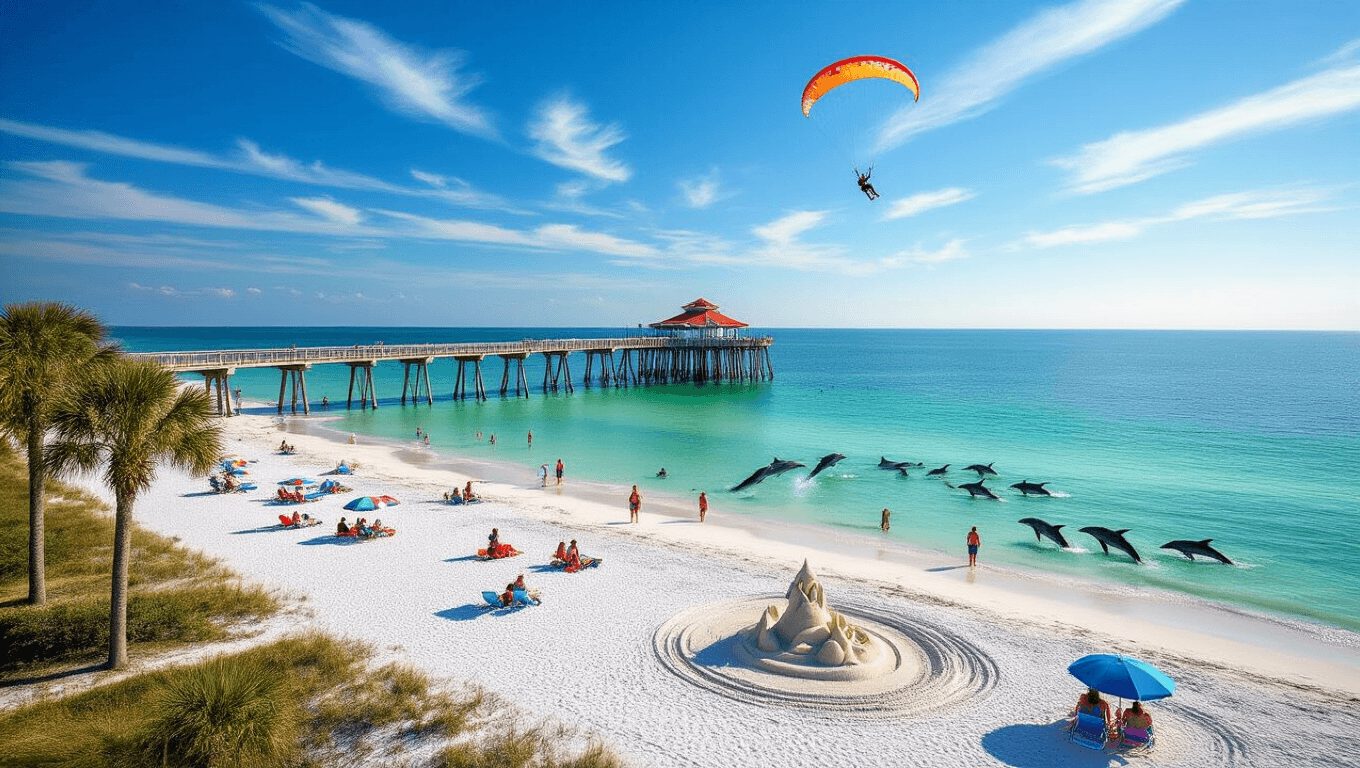 "Panoramic view of Clearwater Beach in Florida with Pier 60, turquoise waters, white sand, palm trees, beachgoers, playful dolphins, parasailer, beach umbrellas and sand sculptures in springtime daylight."