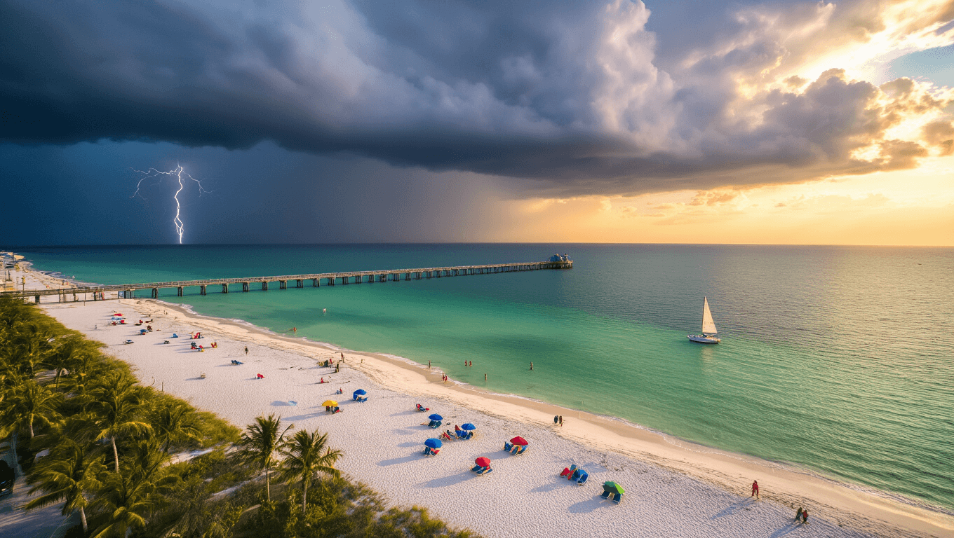 "Aerial view of Clearwater Beach at sunset with storm clouds over the ocean, colorful umbrellas, sailboat, palm trees, and Pier 60."