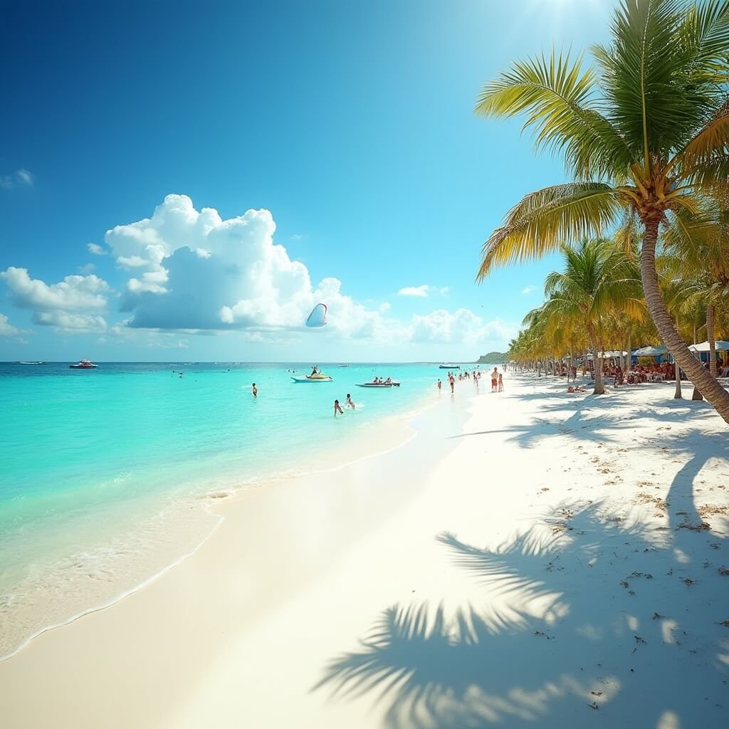 Scorching Secrets: Why Clearwater Beach in July Will Blow Your Mind (And Cool You Down) Beachgoers enjoying water sports at Clearwater Beach in July, with palm trees, white sand, turquoise waters and vibrant blue sky