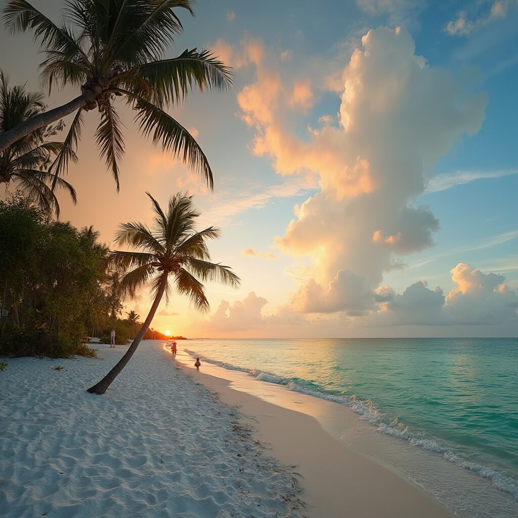 Sunset on Clearwater Beach with golden light shining on white sand and turquoise waters, palm trees in the foreground, beachgoers relaxing, and a vibrant rainbow in the distance over calm Gulf waters