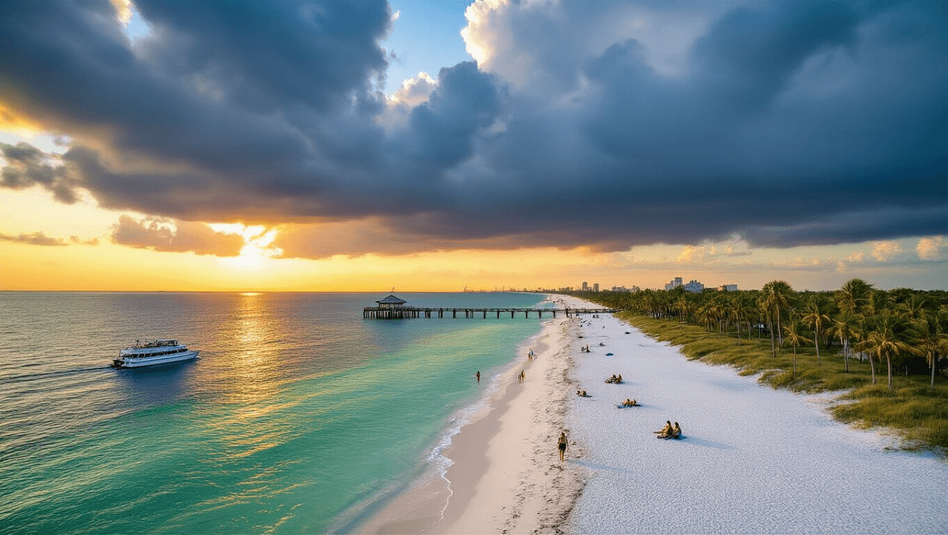 "Aerial view of Clearwater Beach at sunset with gentle turquoise waves, sparse beachgoers, Pier 60, palm trees, a dolphin-watching boat, and impending storm clouds"