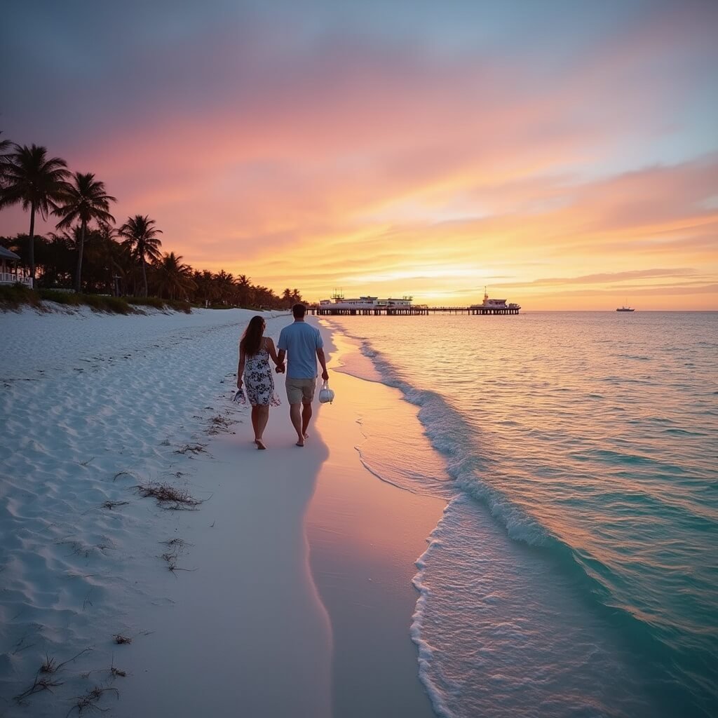 Clearwater Beach September: Your Ultimate Off-Peak Paradise Guide Couple walking hand-in-hand on nearly empty Clearwater Beach at sunset with vibrant sky, turquoise waters, white sands, swaying palm trees and distant illuminated Pier 60