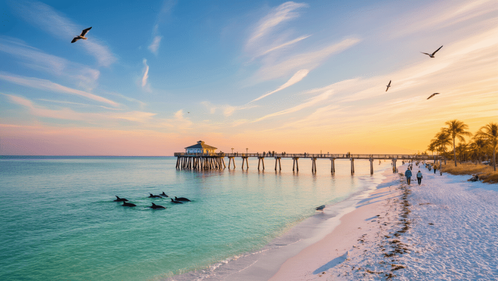 Clearwater Beach in January: Your Ultimate Winter Sun Escape (Without the Crowds!) "Golden-hour winter photo of Clearwater Beach with Pier 60 extending into calm waters, sparse crowds, dolphins in the distance, palm trees, beachgoers in light jackets, and sunset colors reflected in the water."