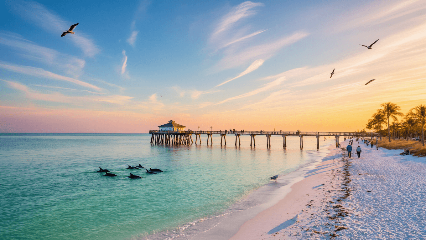 "Golden-hour winter photo of Clearwater Beach with Pier 60 extending into calm waters, sparse crowds, dolphins in the distance, palm trees, beachgoers in light jackets, and sunset colors reflected in the water."