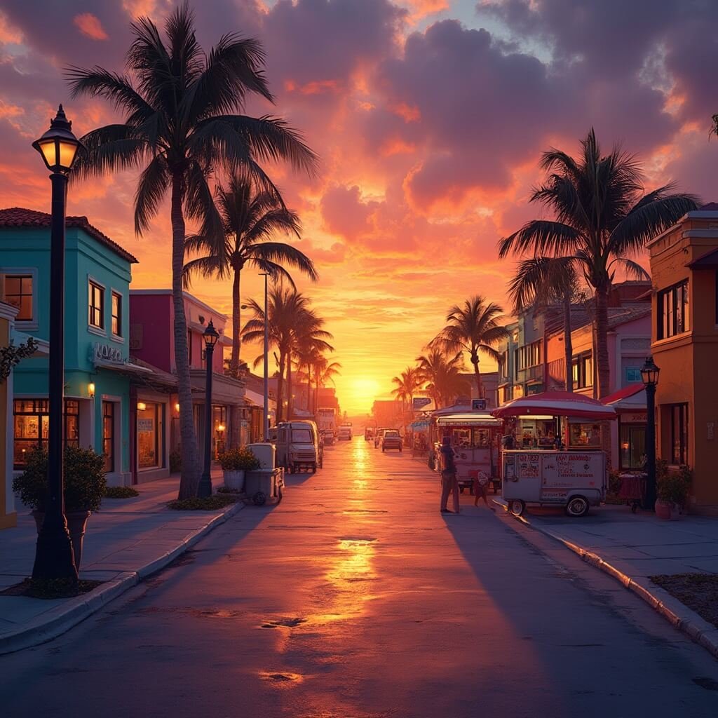 Clearwater Beach September: Your Ultimate Off-Peak Paradise Guide Vibrant September sunset reflecting on Clearwater's historic downtown facades and local art galleries, silhouetted palm trees and distant food trucks under a warm orange and purple sky, highlighting intricate architectural details of Florida's coastal design.