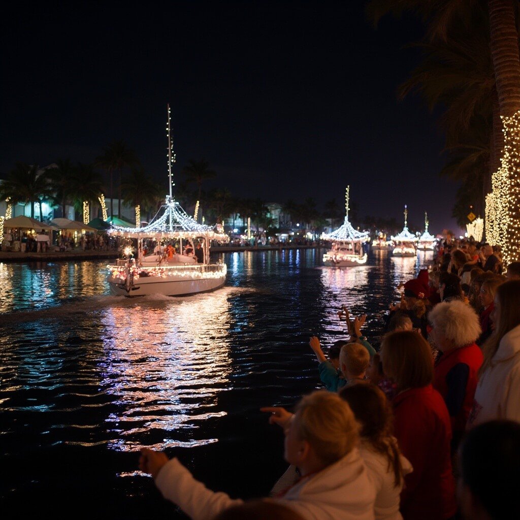 Festive night scene at the Clearwater Beach Holiday Lighted Boat Parade, with boats decked in twinkling lights, cheering spectators and illuminated palm trees lining the coastline.