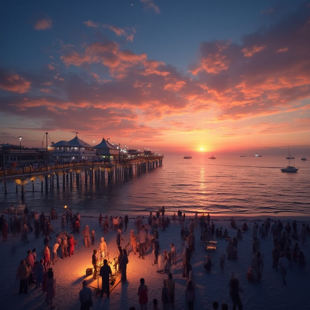Why November is Clearwater Beach's Best-Kept Secret Street performer playing saxophone on Pier 60 at Clearwater Jazz Holiday event during a spectacular sunset