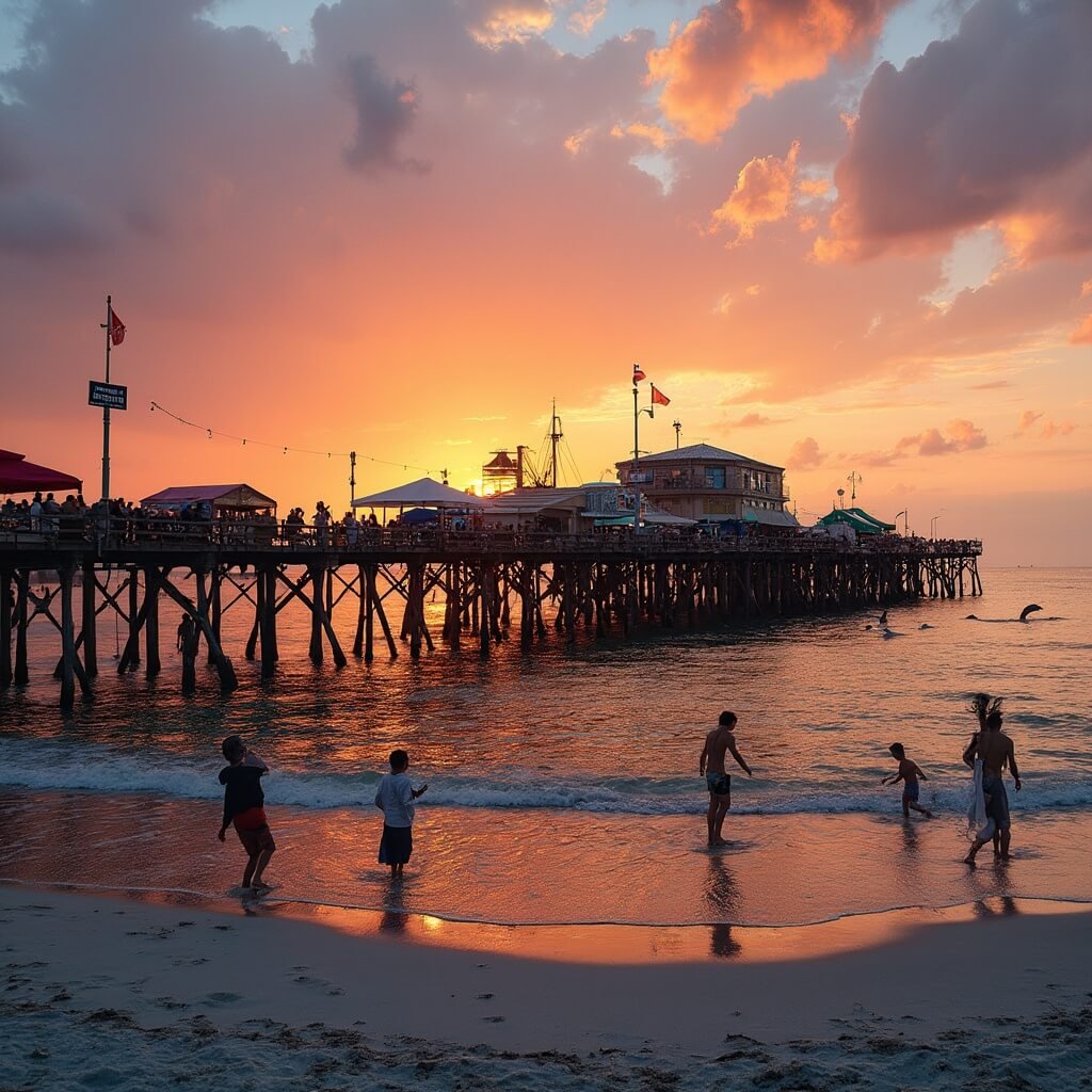 Scorching Secrets: Why Clearwater Beach in July Will Blow Your Mind (And Cool You Down) An evening vista of Pier 60 at Clearwater Beach during a sunset with silhouettes of street performers and artists, colorful tents and stalls, and playful dolphins in the backdrop.