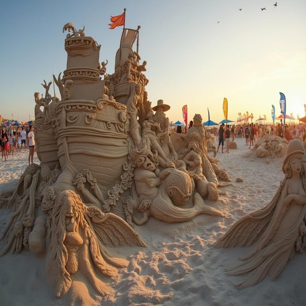 Unraveling Clearwater Beach's April Magic: Your Ultimate Insider's Guide Elaborate sand sculpture showcasing underwater scene with mermaids and sunken ship at the Clearwater Beach Sugar Sand Festival under sunset light.