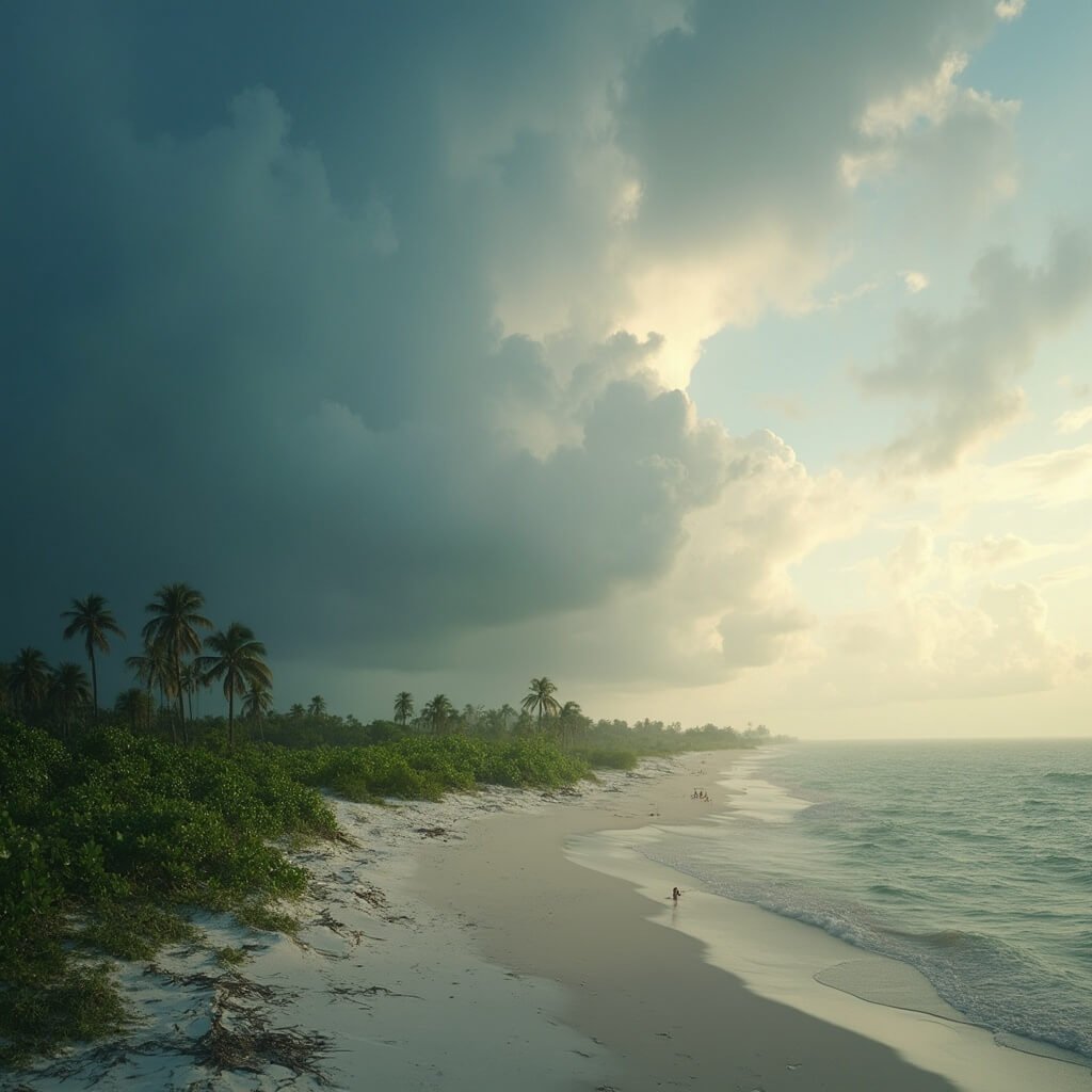 Tropical thunderstorm at Clearwater Beach with dramatic clouds, wet sand, scattered palm trees, and vibrant green vegetation, golden light filtering through clouds, in a hyper-detailed photography style