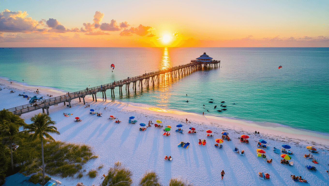 "Aerial view of Clearwater Beach at sunset with Pier 60, beachgoers, palm trees, distant boats, dolphins, and parasailers on Florida's Gulf Coast"