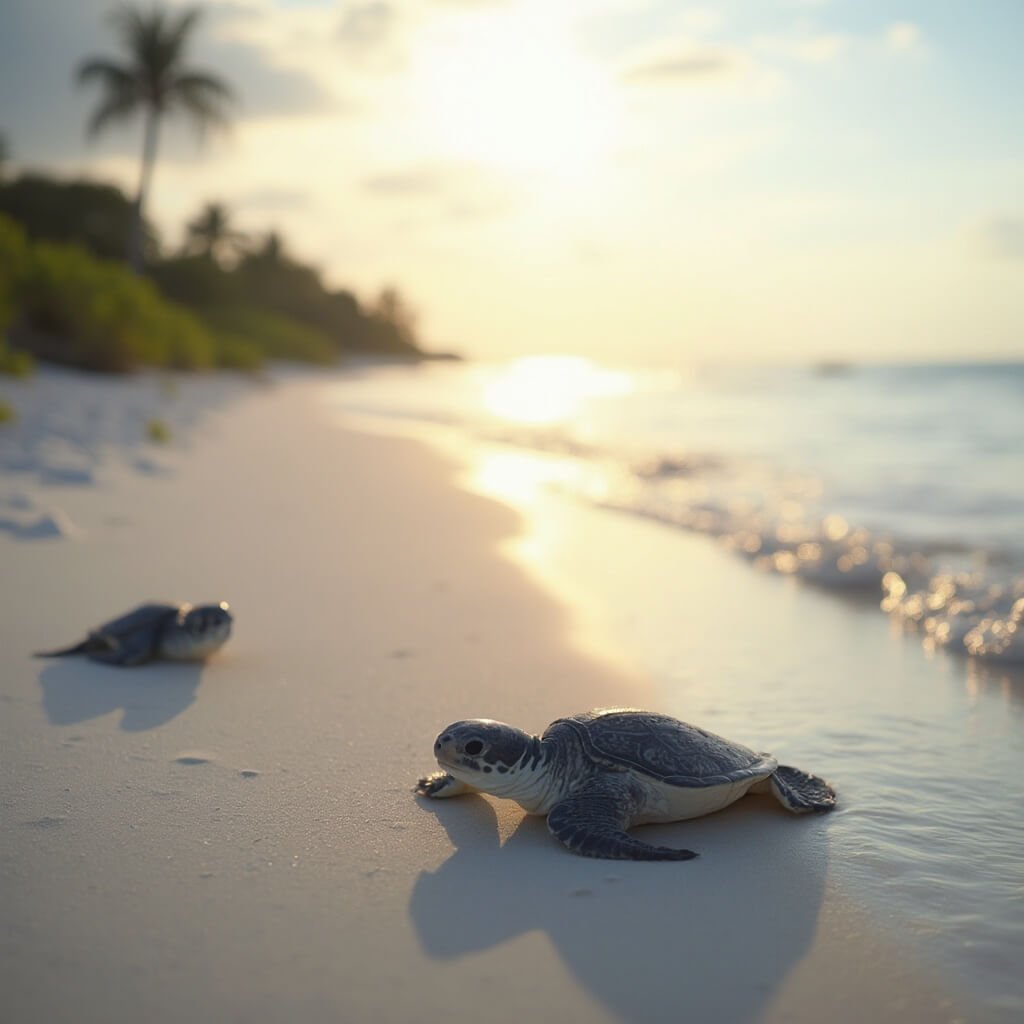 Clearwater Beach September: Your Ultimate Off-Peak Paradise Guide Early morning serene beach scene in Clearwater with soft golden sunlight, long shadows on sand, gentle waves at shoreline, sea turtle hatchlings towards ocean, and soft-focus tropical vegetation.