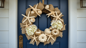 Coastal Fall Wreath: A Beachy Autumn Decor Masterpiece A photorealistic coastal fall wreath with bleached starfish, mini pumpkins, and hydrangeas hangs on a weathered navy blue door, illuminated by soft golden hour light, with dew drops creating sparkle effects amidst a blurred coastal porch background.
