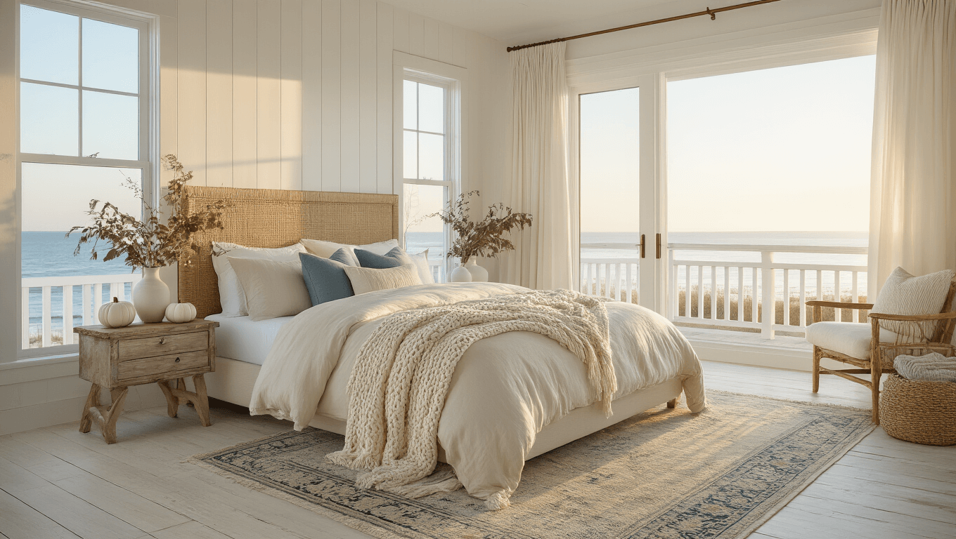 Photorealistic interior of a coastal bedroom at golden hour, featuring a king-sized bed with cream linen bedding, jute headboard, and a vintage Persian rug, illuminated by natural light streaming through floor-to-ceiling windows.