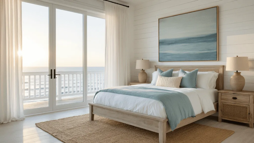 Creating Your Dream Coastal Bedroom Retreat: A Step-by-Step Design Guide A luxurious coastal bedroom bathed in golden hour light, featuring a king-sized bed with white oak frame, crisp linen bedding, and a shiplap accent wall, accented by minimalist coastal decor and soft shadows.