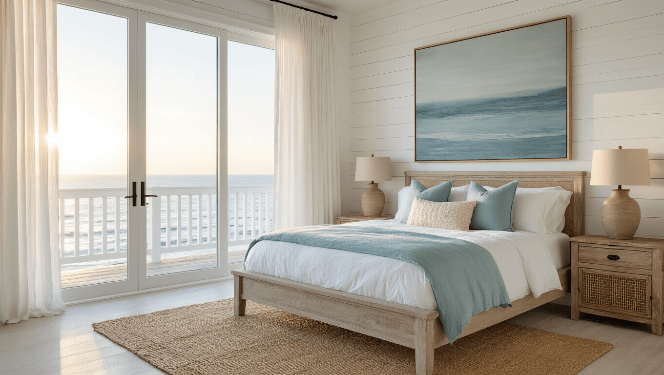 A luxurious coastal bedroom bathed in golden hour light, featuring a king-sized bed with white oak frame, crisp linen bedding, and a shiplap accent wall, accented by minimalist coastal decor and soft shadows.