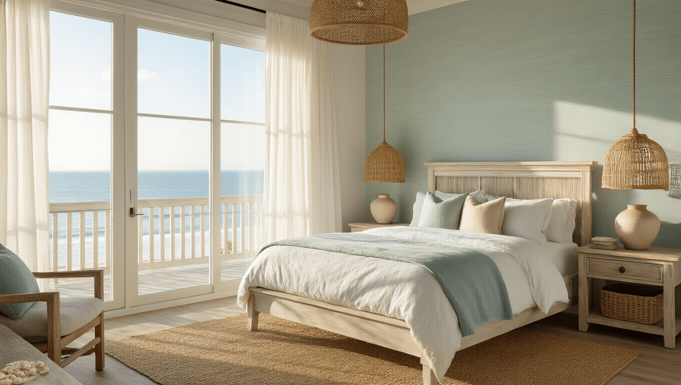 Photorealistic coastal bedroom retreat with golden hour sunlight streaming through sheer curtains, featuring a king-size bed, bleached oak furniture, and organic decorative elements, captured in soft natural lighting with shallow depth of field.