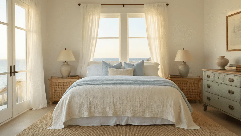 Coastal Grandma Bedroom: Your Ultimate Sanctuary of Comfort and Style A sun-drenched coastal bedroom featuring a king-sized bed with white linens and layered pillows, weathered rattan nightstands with lamps, sheer curtains, a vintage dresser, and organic decor elements, all bathed in warm golden hour light.