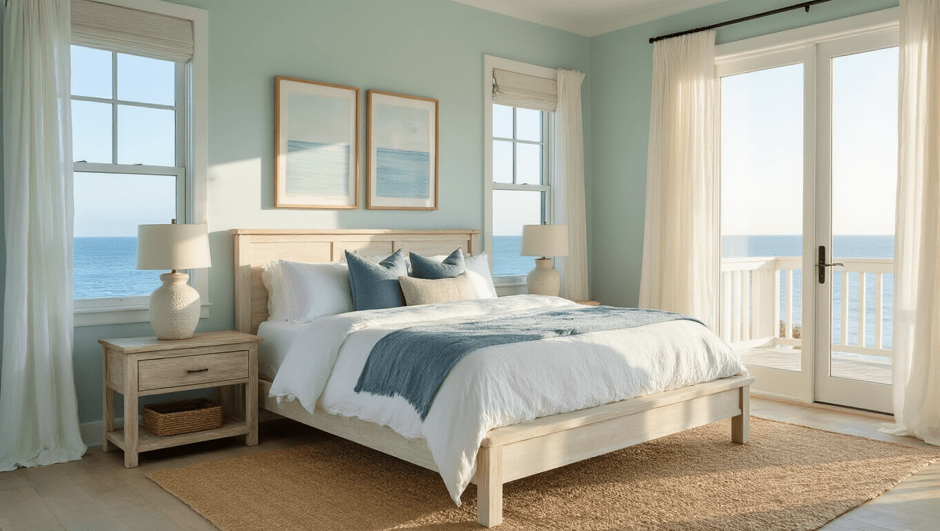 A serene coastal master bedroom with a king-sized bed, seafoam-blue walls, and large windows draped in white curtains, illuminated by golden hour light. The room features a natural jute rug, driftwood nightstands, ceramic lamps, and coastal artwork, creating a tranquil retreat atmosphere.