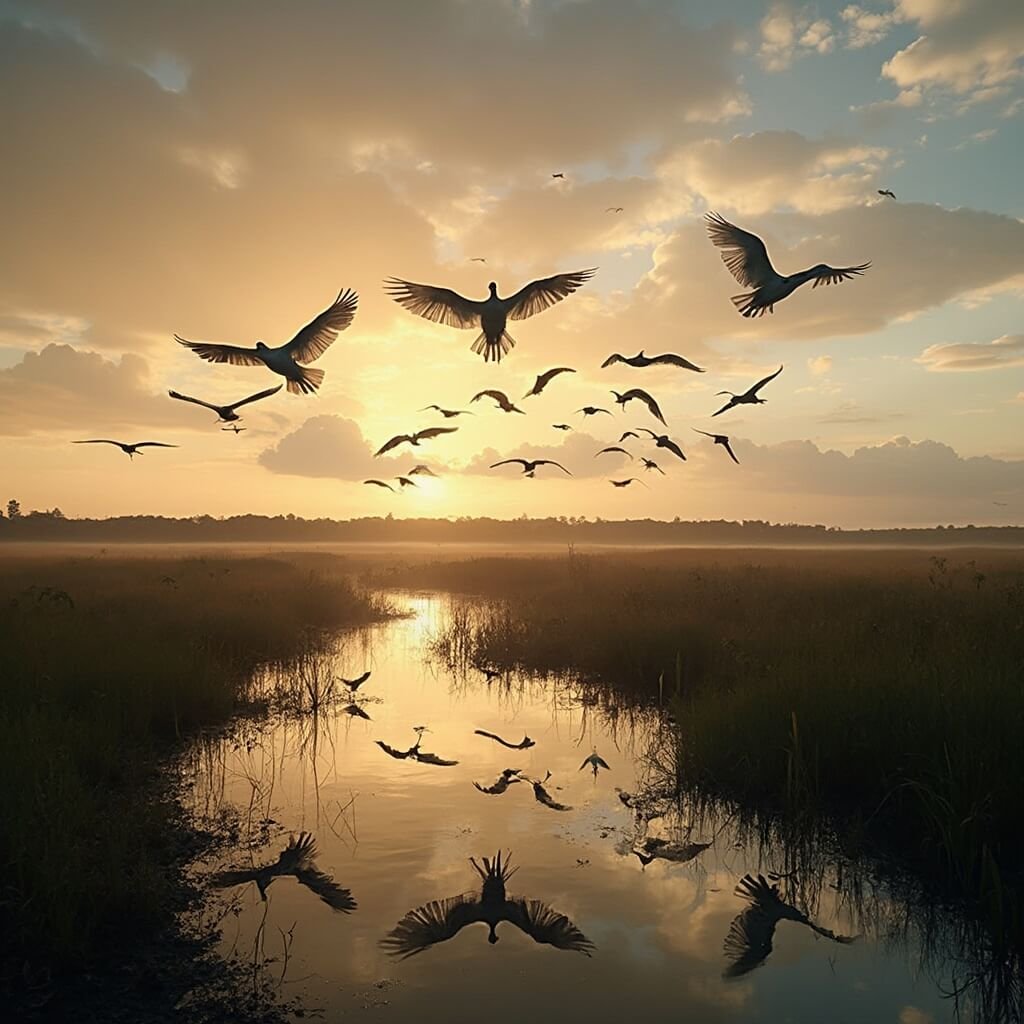 Tallahassee in September: Your Ultimate Survival Guide to North Florida's Hidden Autumn Gem Migratory birds in flight during golden hour at St. Marks National Wildlife Refuge with coastal marshlands and complex vegetation in the background