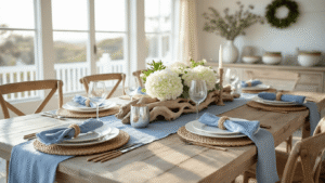 Seas & Greetings: Crafting the Perfect Coastal Christmas Table Setting A beautifully set coastal dining table with natural elements, featuring a weathered oak table, white linen tablecloth, chambray blue runner, seagrass placemats, and a striking centerpiece of driftwood and hydrangeas, all illuminated by morning golden hour light.