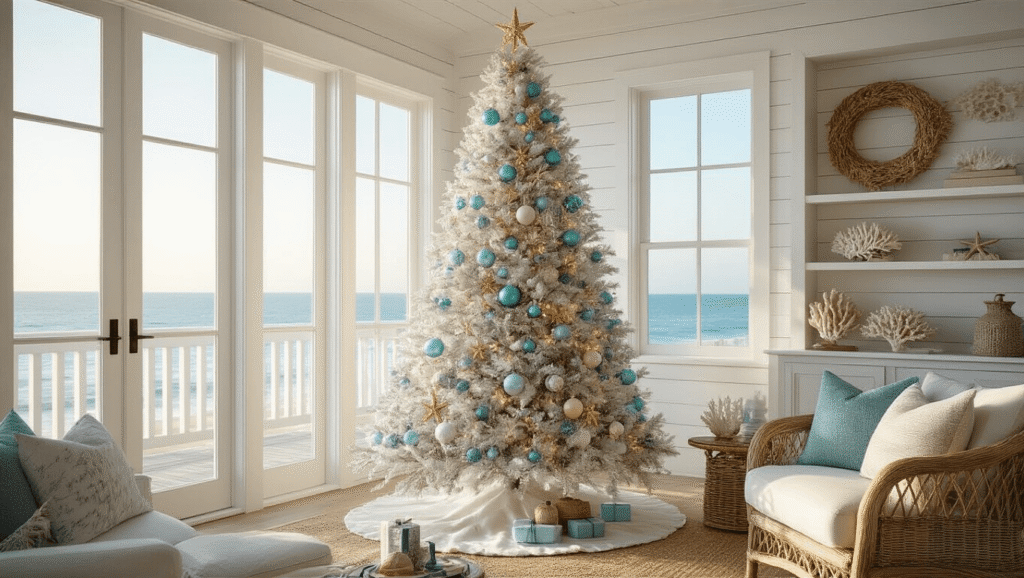 Coastal Christmas Tree: Transform Your Holiday Decor with Seaside Charm Photorealistic coastal living room featuring a flocked white Christmas tree decorated with seafoam blue and aqua ornaments, illuminated by golden hour sunlight streaming through floor-to-ceiling windows overlooking the ocean.