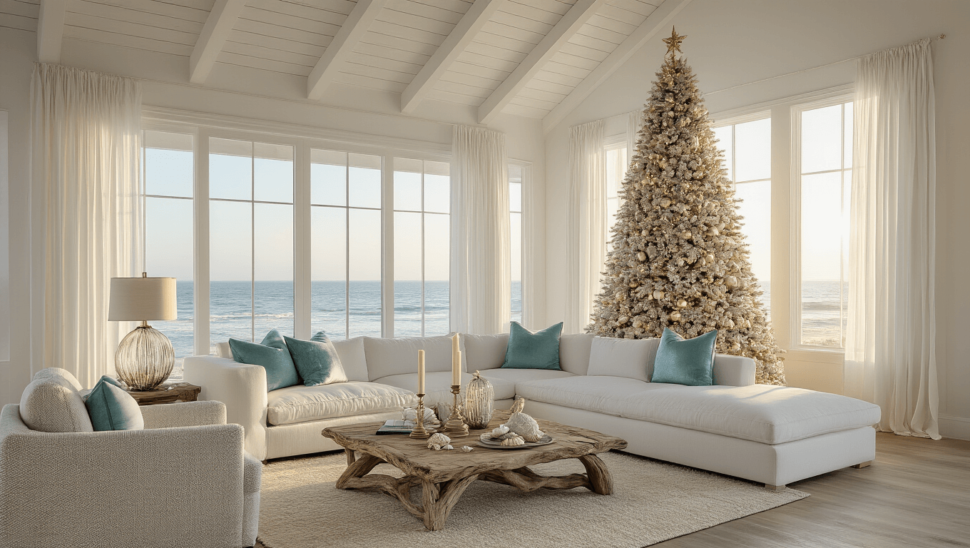 A serene coastal living room decorated for Christmas at golden hour, featuring a 9ft flocked tree in a bay window, an ivory L-shaped sectional with blue and silver pillows, a driftwood coffee table with coastal decor, and warm sunlight casting soft shadows through sheer curtains.