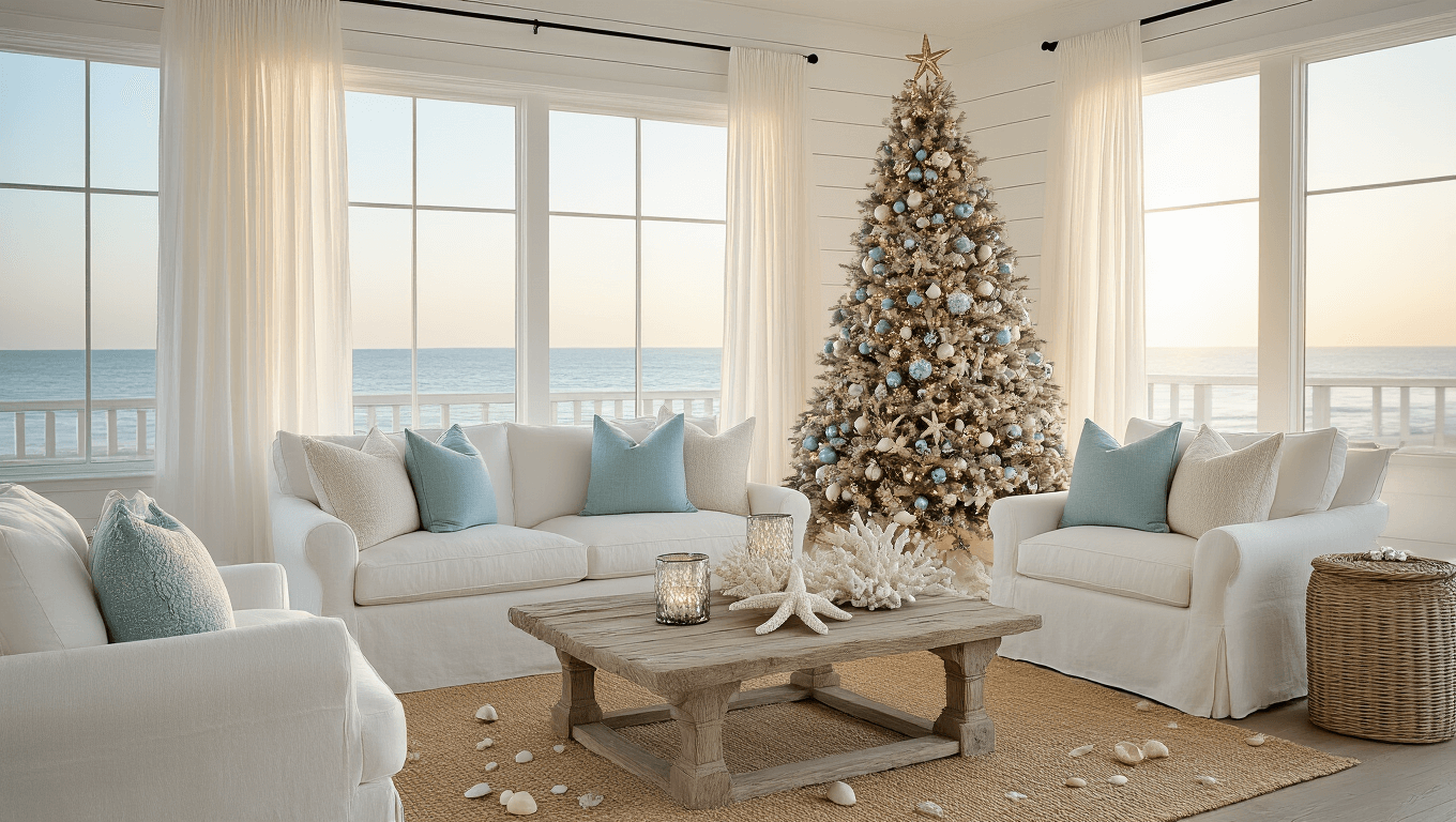 A serene coastal living room featuring a flocked Christmas tree with seafoam blue and silver ornaments, ivory linen sofas, driftwood coffee table, and a natural seagrass rug, illuminated by golden hour light.