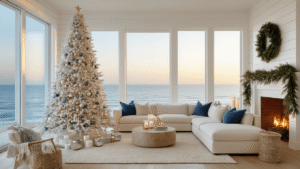 Coastal Christmas Magic: Transforming Your Home into a Modern Seaside Holiday Haven A luxurious coastal living room decorated for Christmas, featuring a flocked white tree with glass ornaments, floor-to-ceiling ocean views, and warm lighting from candles and string lights, all set in a serene golden hour ambiance.