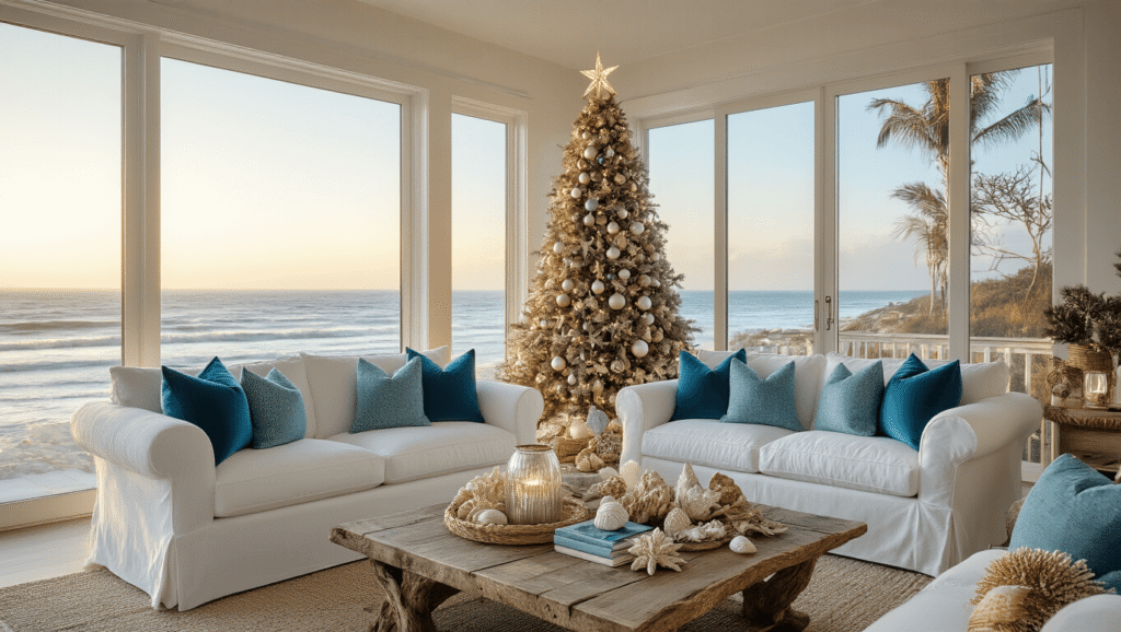 Seas & Greetings: Crafting the Perfect Coastal Christmas Decor Hyperrealistic interior of a coastal Christmas living room, featuring a flocked Christmas tree adorned with seafoam and silver baubles, white slip-covered sofas, and ocean views, all illuminated by soft golden light during the golden hour.
