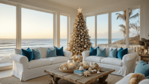 Seas & Greetings: Crafting the Perfect Coastal Christmas Decor Hyperrealistic interior of a coastal Christmas living room, featuring a flocked Christmas tree adorned with seafoam and silver baubles, white slip-covered sofas, and ocean views, all illuminated by soft golden light during the golden hour.