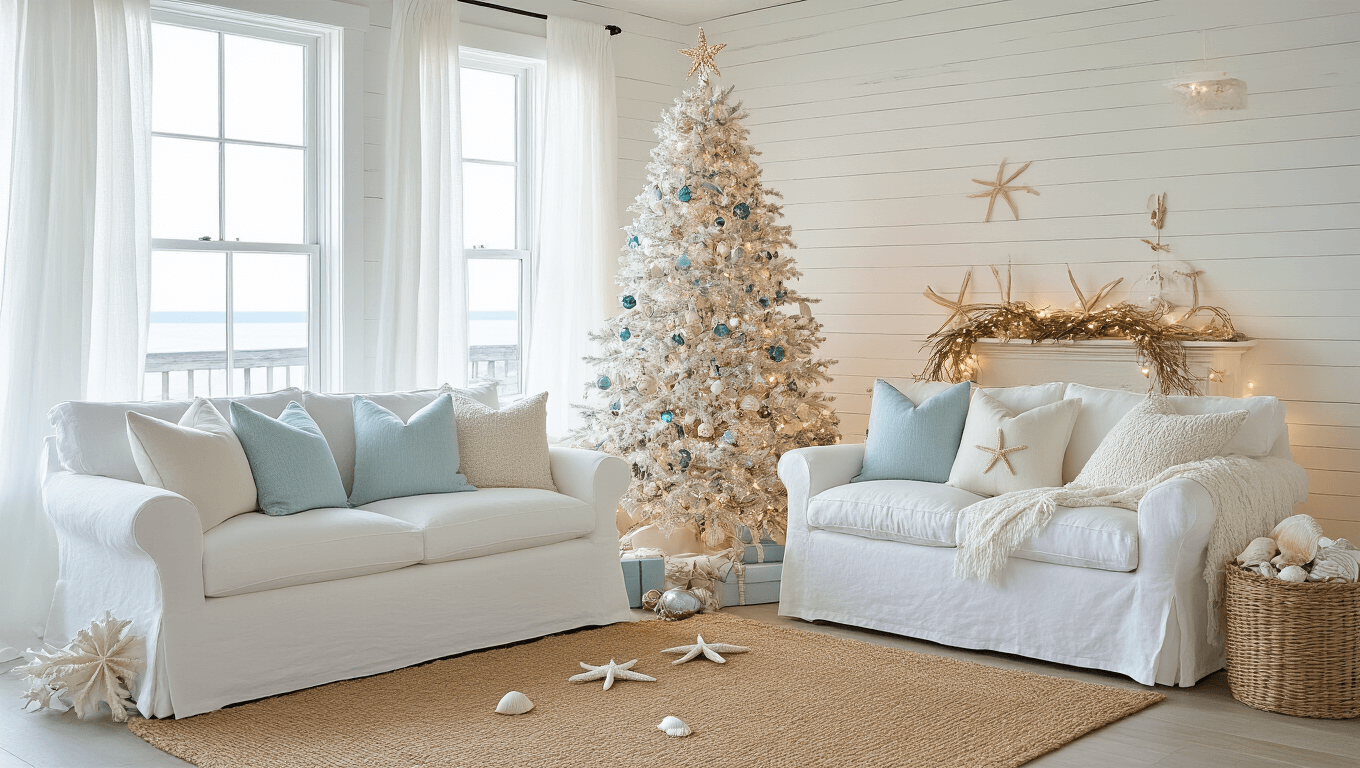Photorealistic coastal living room during golden hour, featuring a slim white Christmas tree with sea glass ornaments, weathered shiplap walls, a white slipcovered sofa, and decorative accents of driftwood garland and seashells, all bathed in warm natural light.