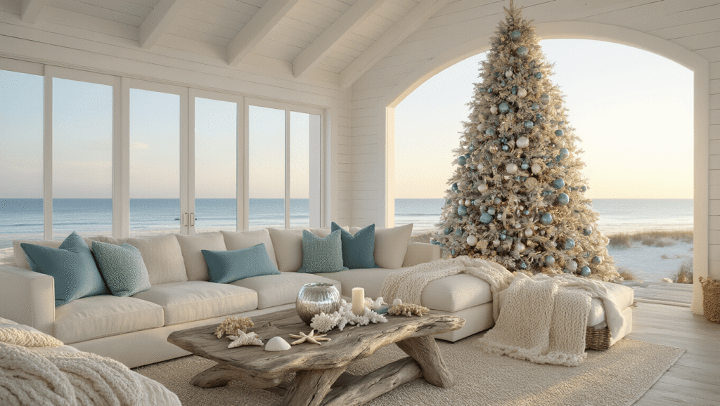 A Dreamy Coastal Christmas Living Room: Transform Your Space with Seaside Serenity A serene coastal Christmas living room featuring a flocked Christmas tree decorated in sea glass colors, a plush cream sectional, and a driftwood coffee table, all illuminated by golden hour light streaming through large windows.